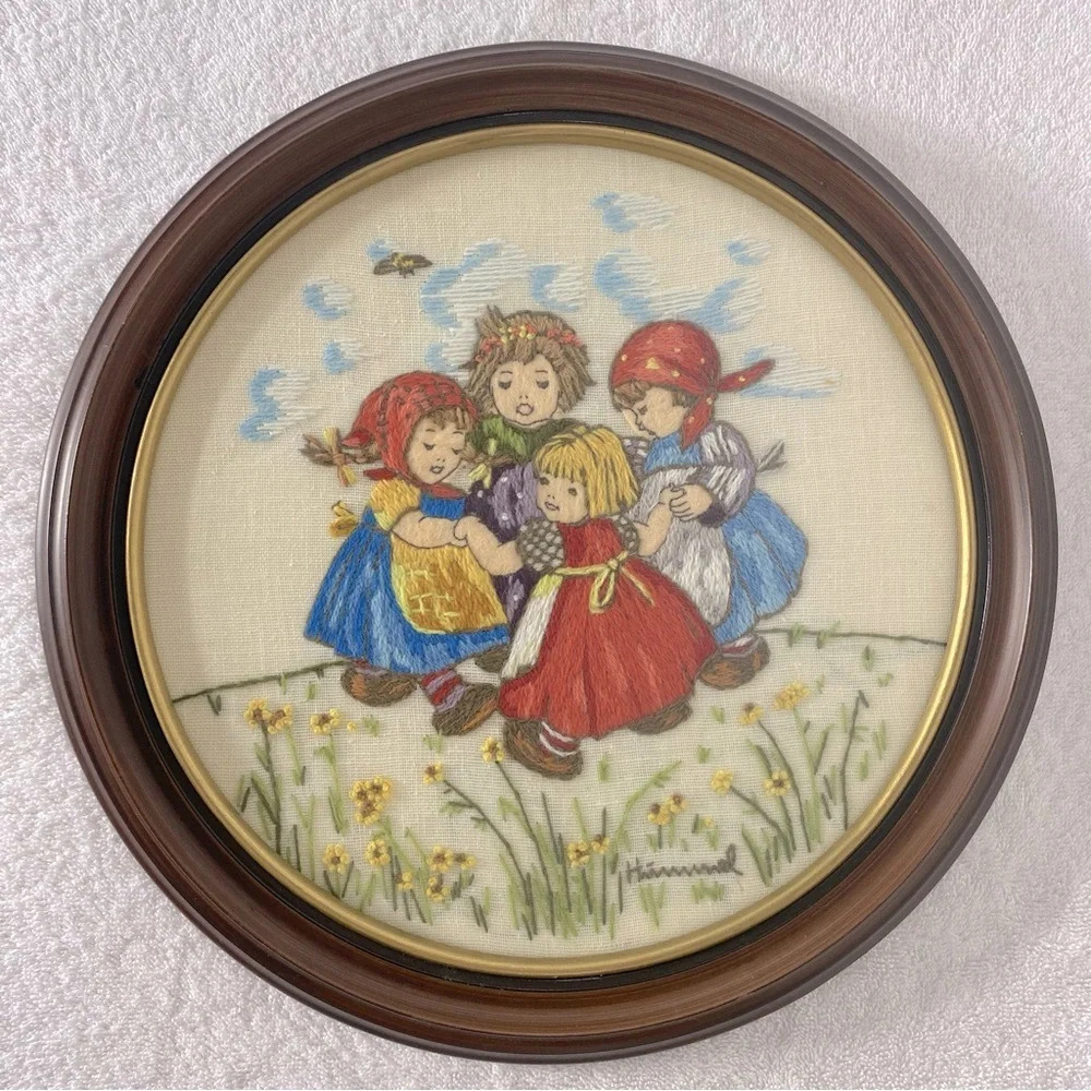 Vintage Hummel Completed Oval Framed Embroidery Art